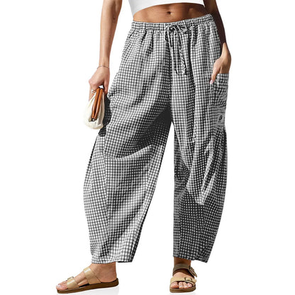 【SS26 Collection】TARSE Womens Wide Leg Gingham Striped Plaid Pants Casual Barrel Loose Drawstring Low Waist Palazzo Harem Pants with Pockets
