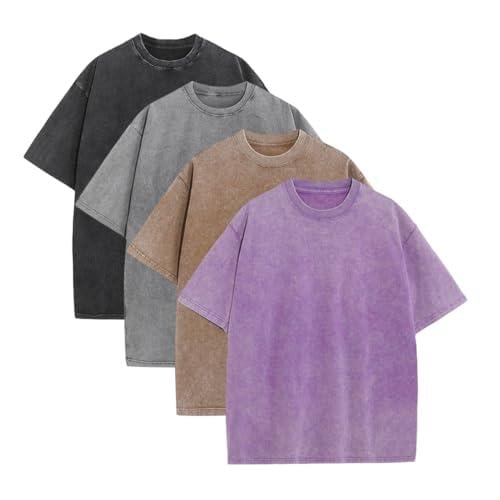 ⚡Hot Sales🔥4 Pack Oversized Tshirts for Men Gym Vintage Heavyweight T Shirts Cotton Workout Acid Wash Baggy Tees