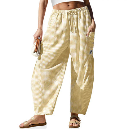 【SS26 Collection】TARSE Womens Wide Leg Gingham Striped Plaid Pants Casual Barrel Loose Drawstring Low Waist Palazzo Harem Pants with Pockets
