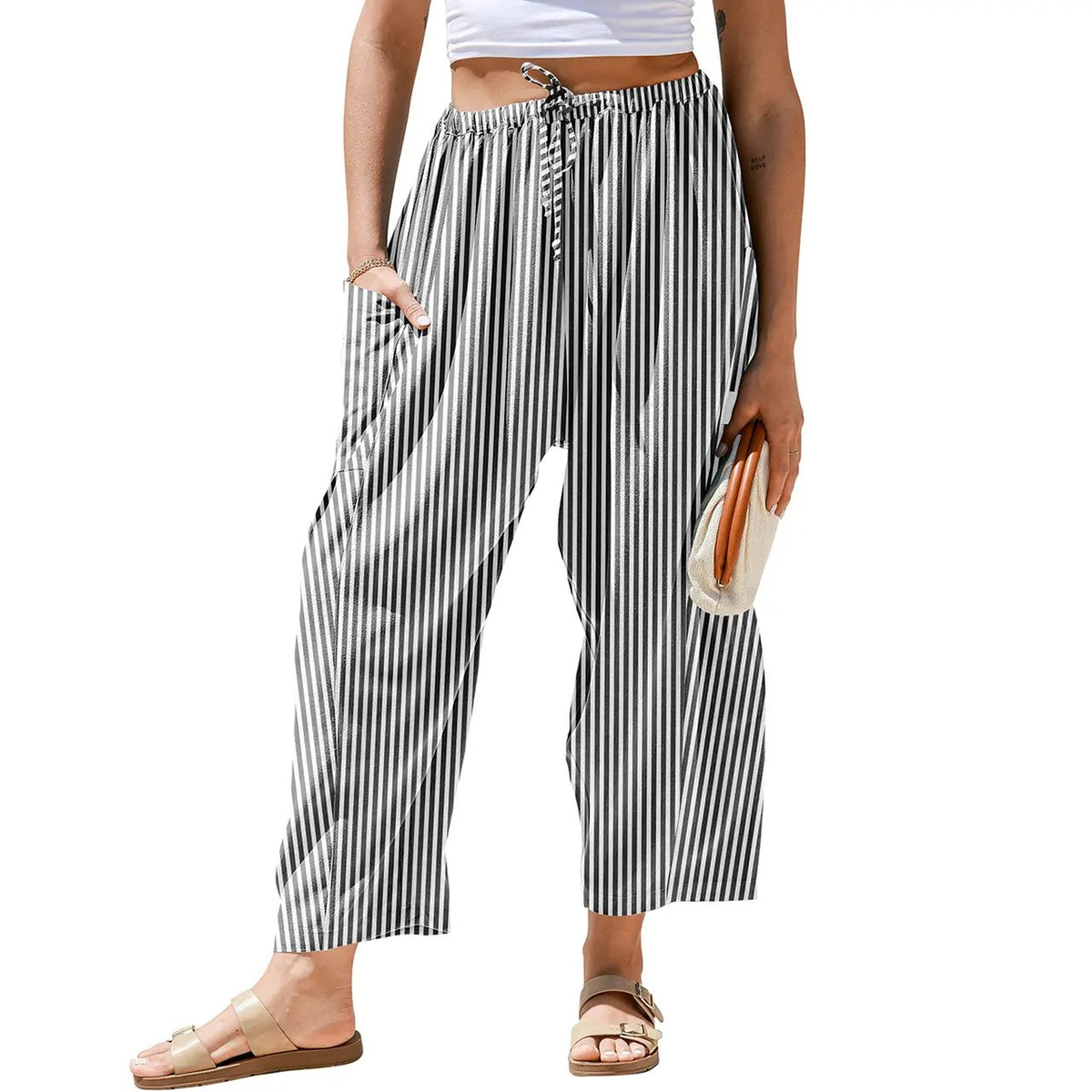 【SS26 Collection】TARSE Womens Wide Leg Gingham Striped Plaid Pants Casual Barrel Loose Drawstring Low Waist Palazzo Harem Pants with Pockets