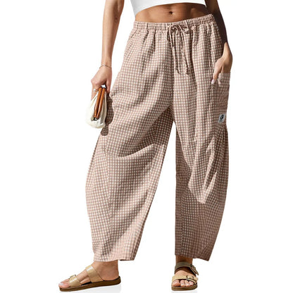 【SS26 Collection】TARSE Womens Wide Leg Gingham Striped Plaid Pants Casual Barrel Loose Drawstring Low Waist Palazzo Harem Pants with Pockets