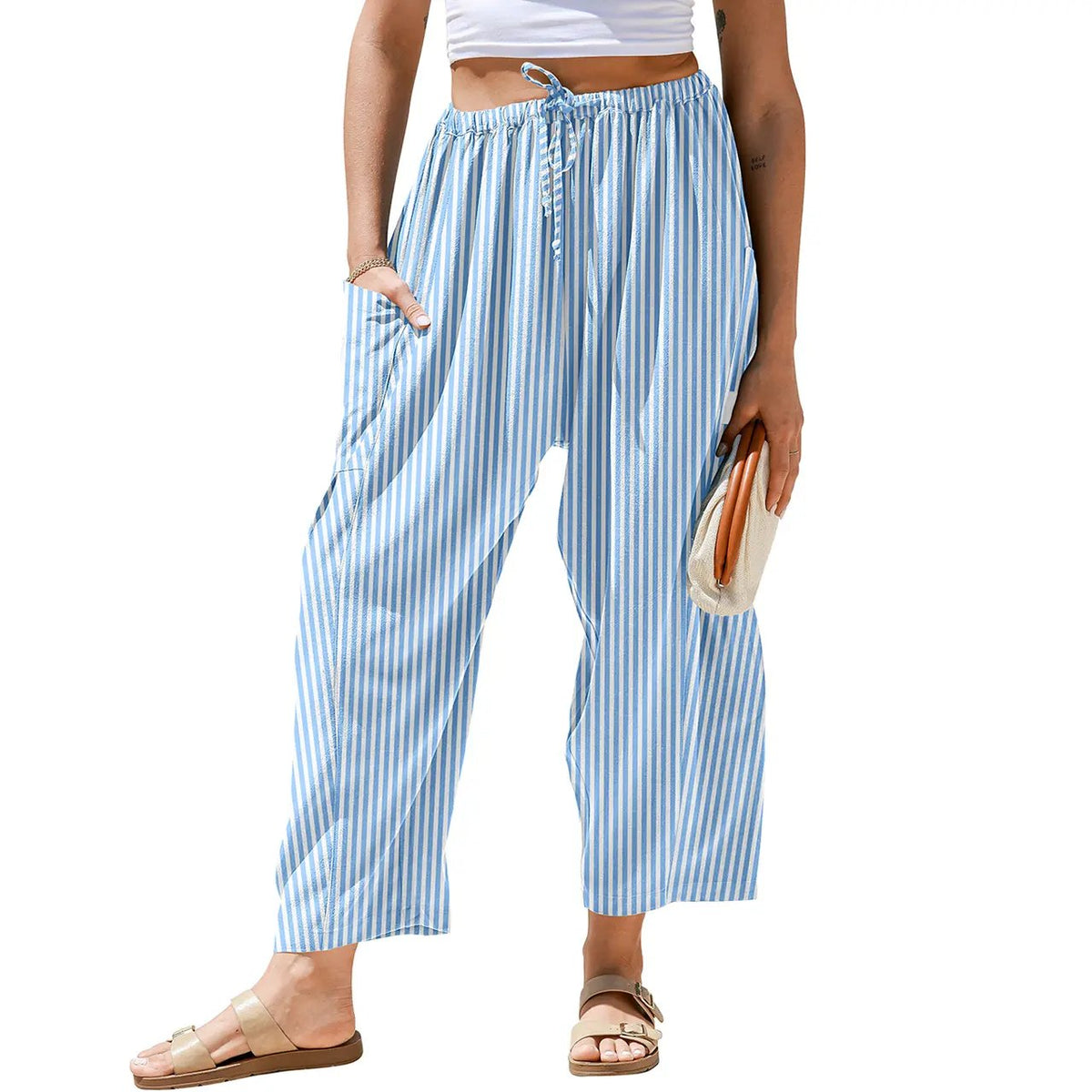 【SS26 Collection】TARSE Womens Wide Leg Gingham Striped Plaid Pants Casual Barrel Loose Drawstring Low Waist Palazzo Harem Pants with Pockets