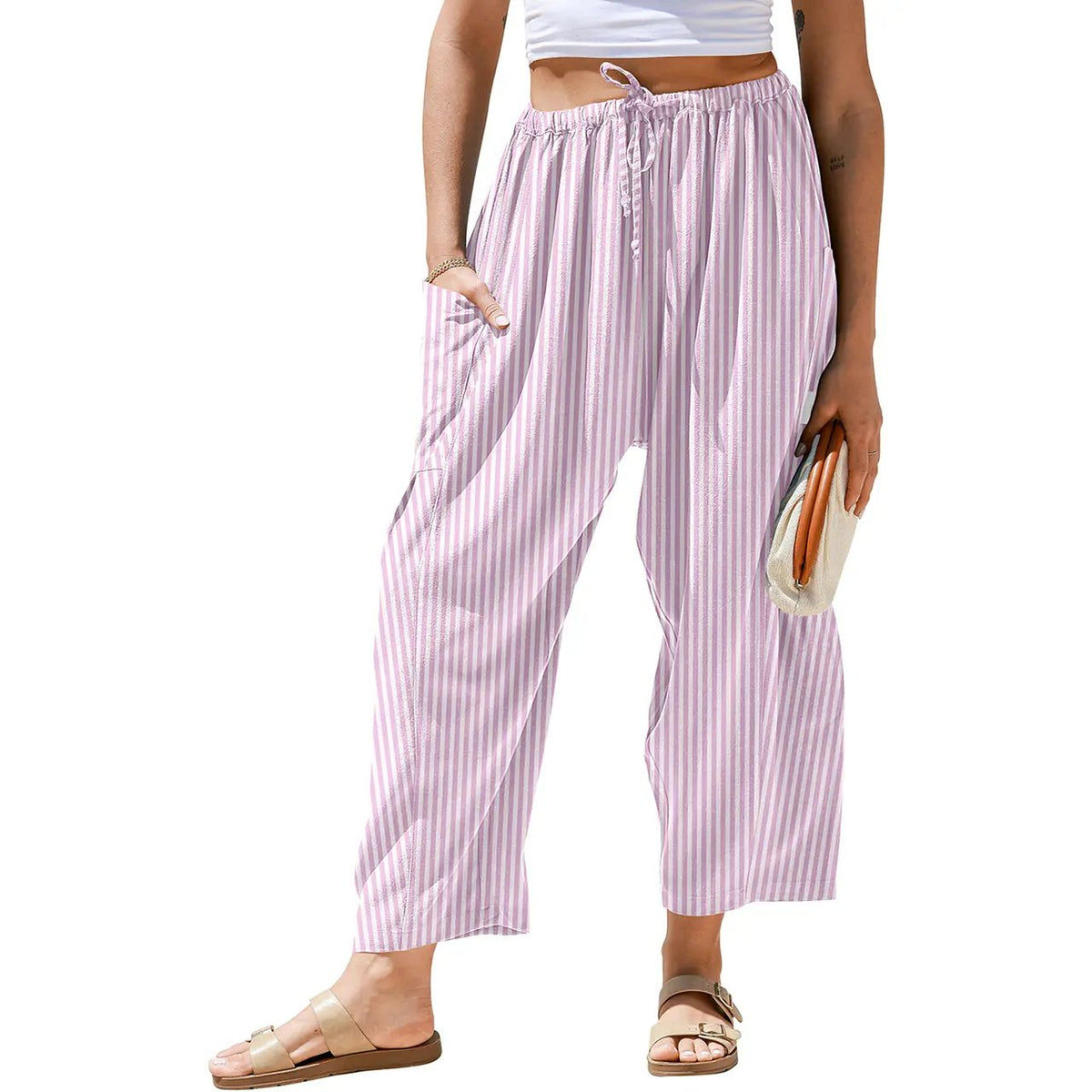 【SS26 Collection】TARSE Womens Wide Leg Gingham Striped Plaid Pants Casual Barrel Loose Drawstring Low Waist Palazzo Harem Pants with Pockets