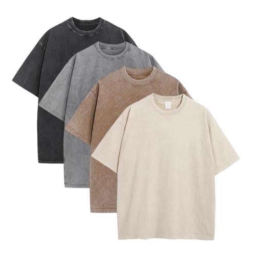 ⚡Hot Sales🔥4 Pack Oversized Tshirts for Men Gym Vintage Heavyweight T Shirts Cotton Workout Acid Wash Baggy Tees