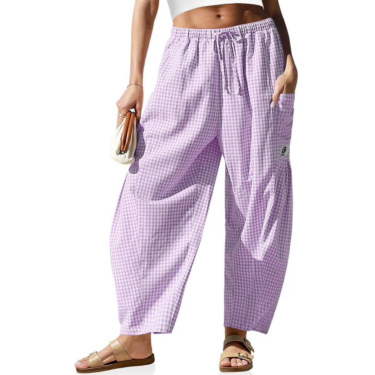 【SS26 Collection】TARSE Womens Wide Leg Gingham Striped Plaid Pants Casual Barrel Loose Drawstring Low Waist Palazzo Harem Pants with Pockets