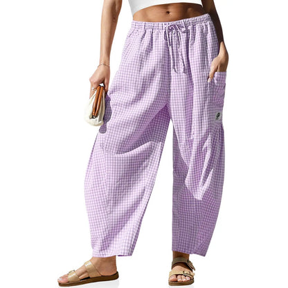 【SS26 Collection】TARSE Womens Wide Leg Gingham Striped Plaid Pants Casual Barrel Loose Drawstring Low Waist Palazzo Harem Pants with Pockets