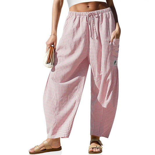 【SS26 Collection】TARSE Womens Wide Leg Gingham Striped Plaid Pants Casual Barrel Loose Drawstring Low Waist Palazzo Harem Pants with Pockets