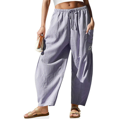 【SS26 Collection】TARSE Womens Wide Leg Gingham Striped Plaid Pants Casual Barrel Loose Drawstring Low Waist Palazzo Harem Pants with Pockets