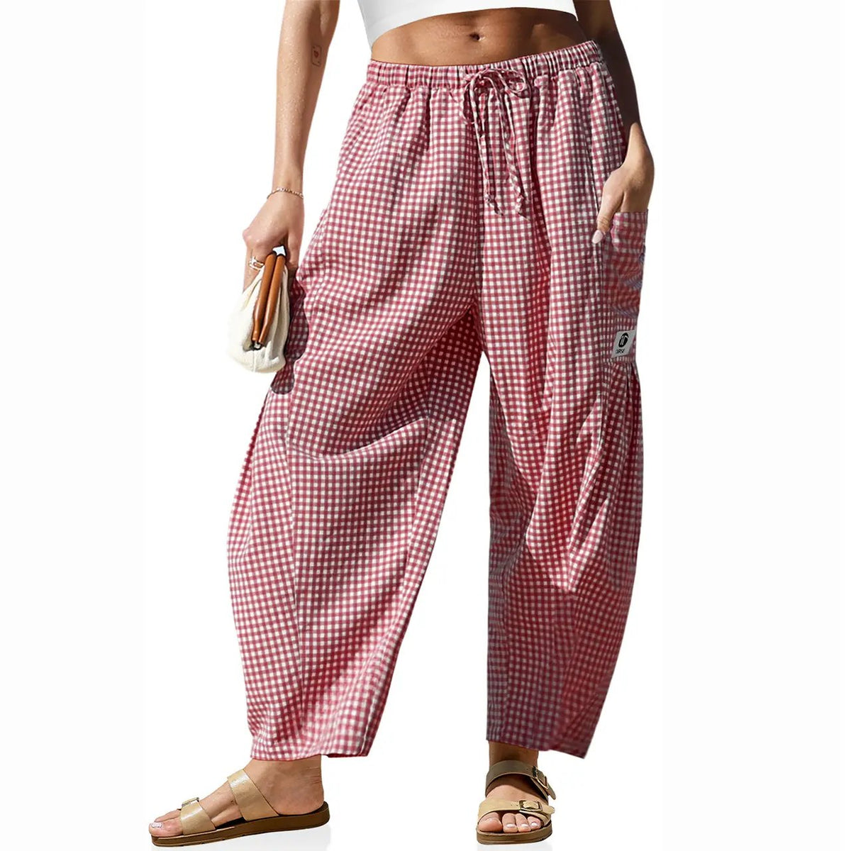 【SS26 Collection】TARSE Womens Wide Leg Gingham Striped Plaid Pants Casual Barrel Loose Drawstring Low Waist Palazzo Harem Pants with Pockets