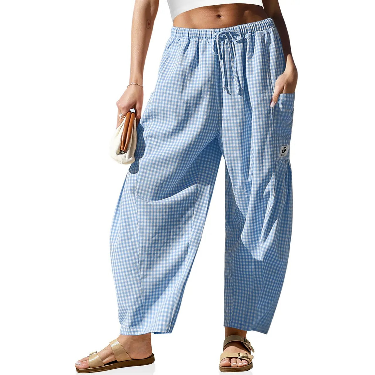 【SS26 Collection】TARSE Womens Wide Leg Gingham Striped Plaid Pants Casual Barrel Loose Drawstring Low Waist Palazzo Harem Pants with Pockets