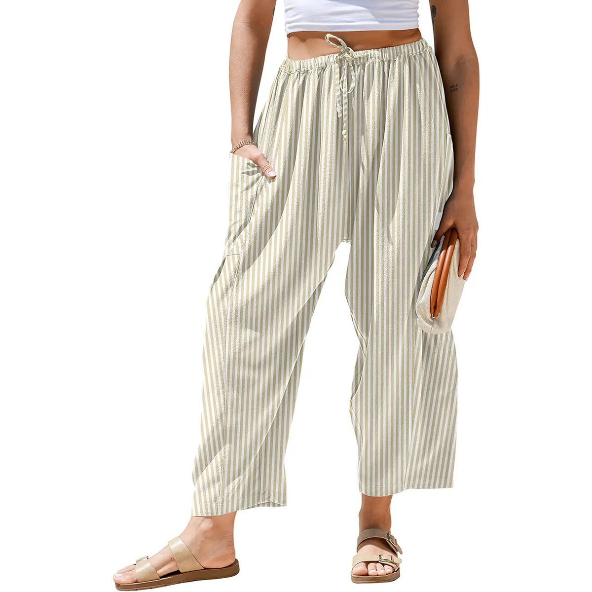 【SS26 Collection】TARSE Womens Wide Leg Gingham Striped Plaid Pants Casual Barrel Loose Drawstring Low Waist Palazzo Harem Pants with Pockets