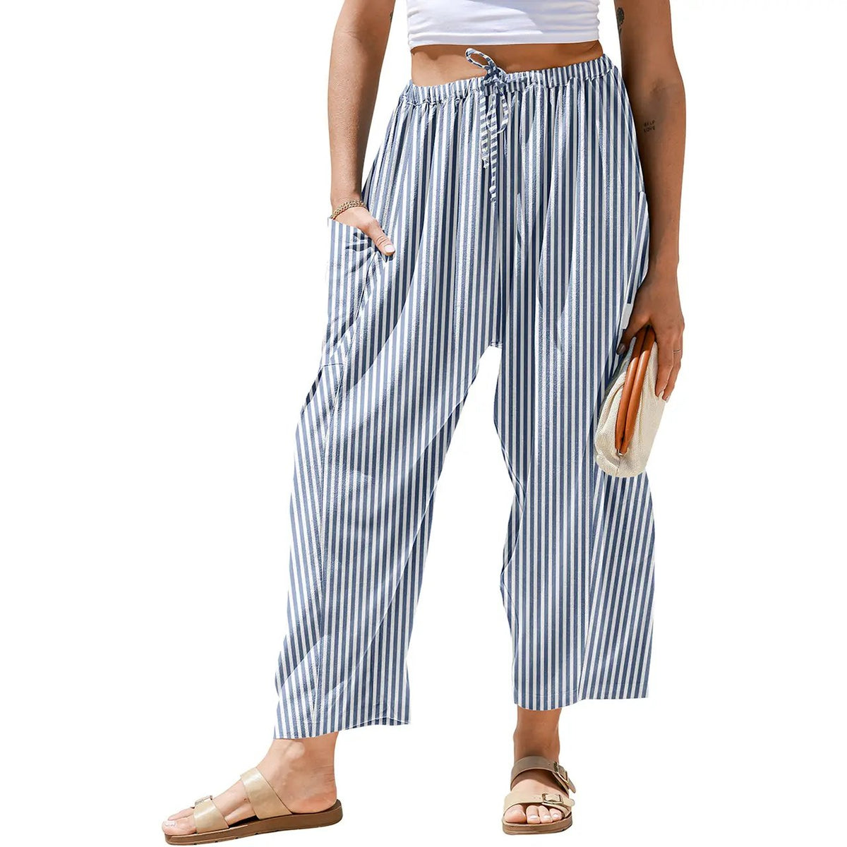 【SS26 Collection】TARSE Womens Wide Leg Gingham Striped Plaid Pants Casual Barrel Loose Drawstring Low Waist Palazzo Harem Pants with Pockets